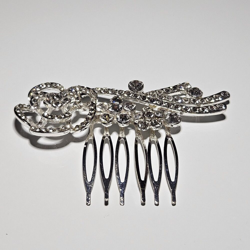 Simulated Clear Crystal Flower Hair Comb Wedding Prom Silver Tone